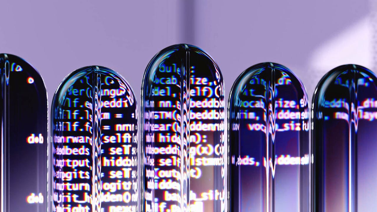 Home Colorful 3D render showcasing AI and programming with reflective abstract visuals.